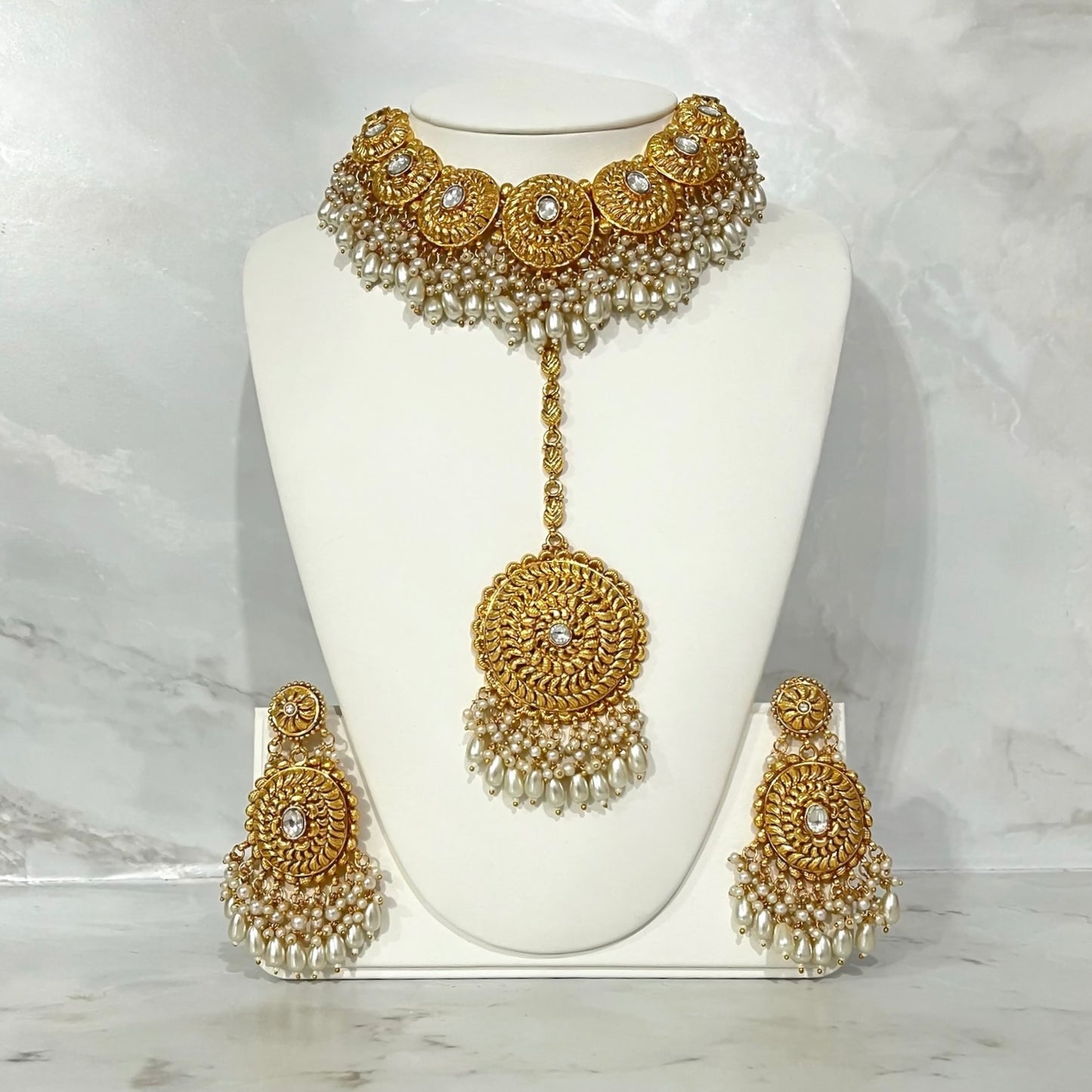 Gold and Pearl Necklace Set with Tikka