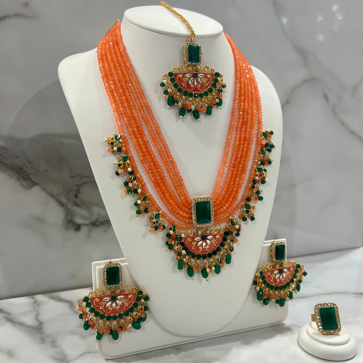 Orange and Green Mala, Tikka, Earring and Ring Set