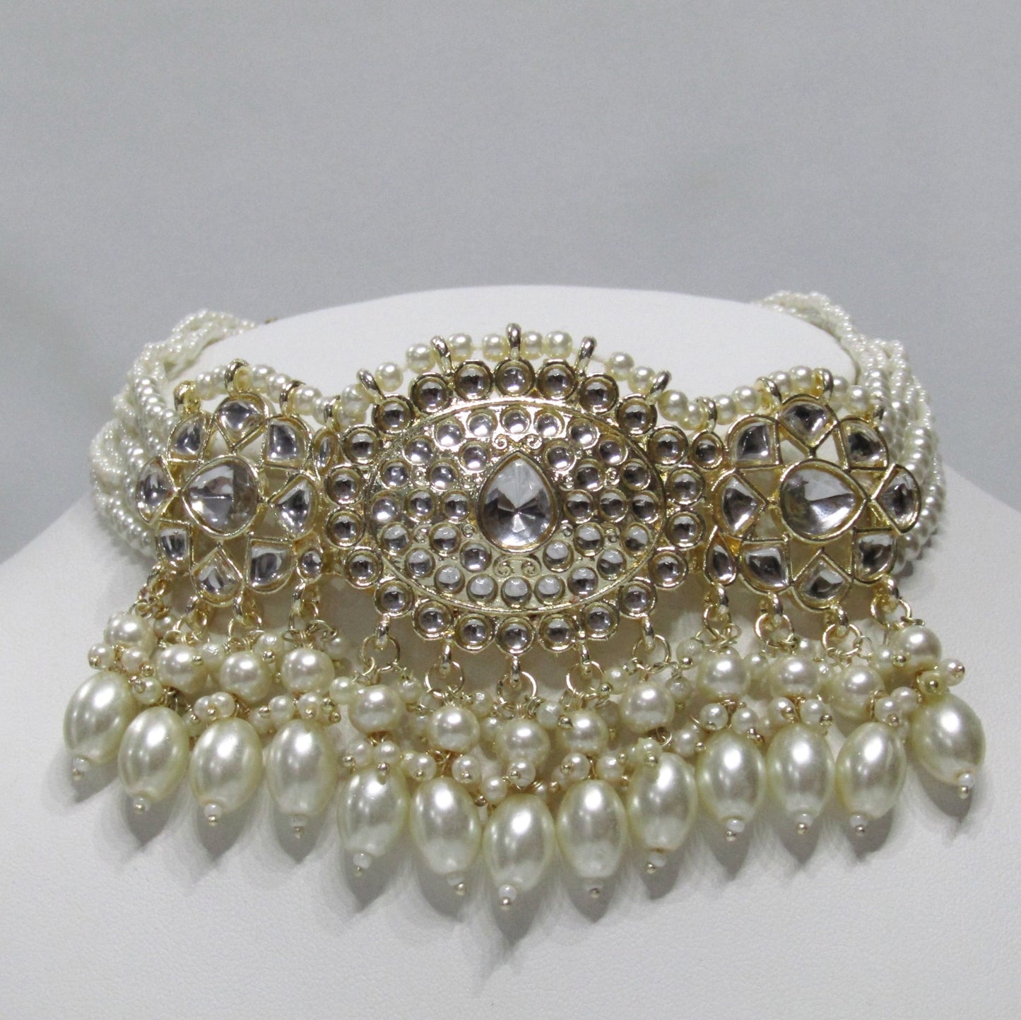 Gold and White Pearl Choker Necklace with Earrings