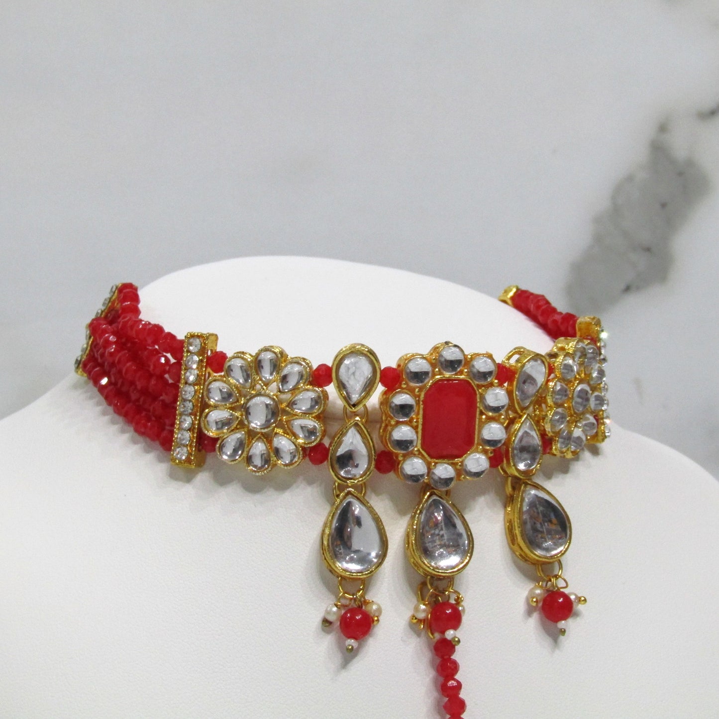 Gold Choker Necklace Set with Earrings and Tikka in Various Colours