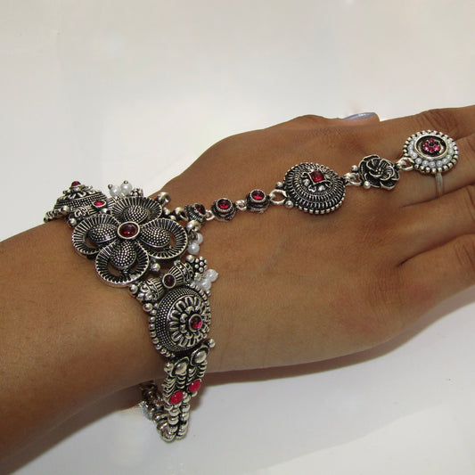 Oxidised Silver and Ruby Flower Hand Piece