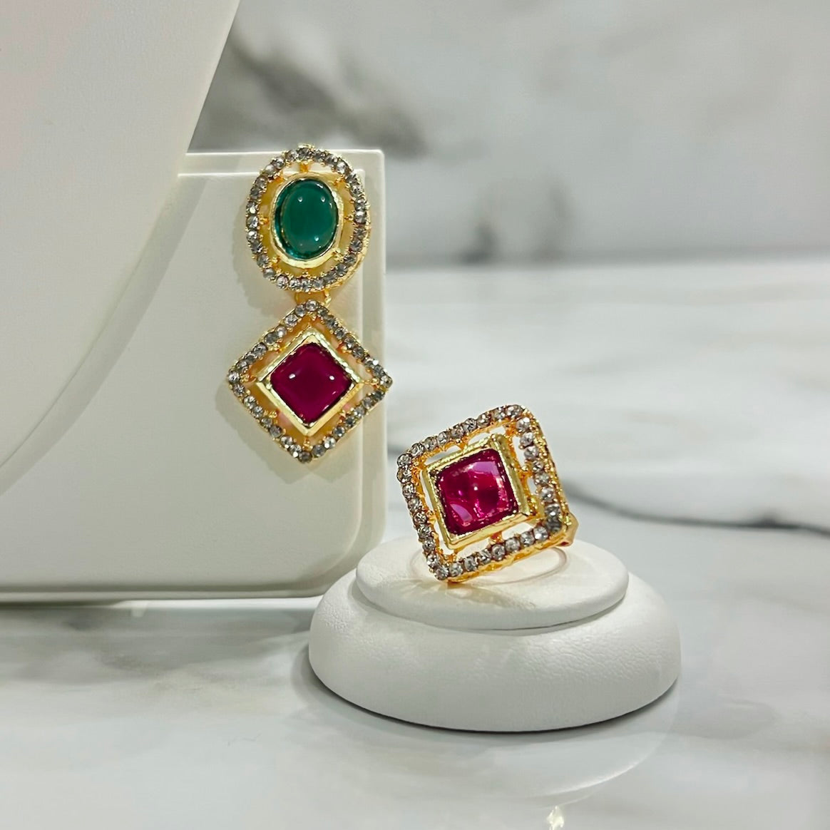 Pink and Blue Geometric Set with Ring