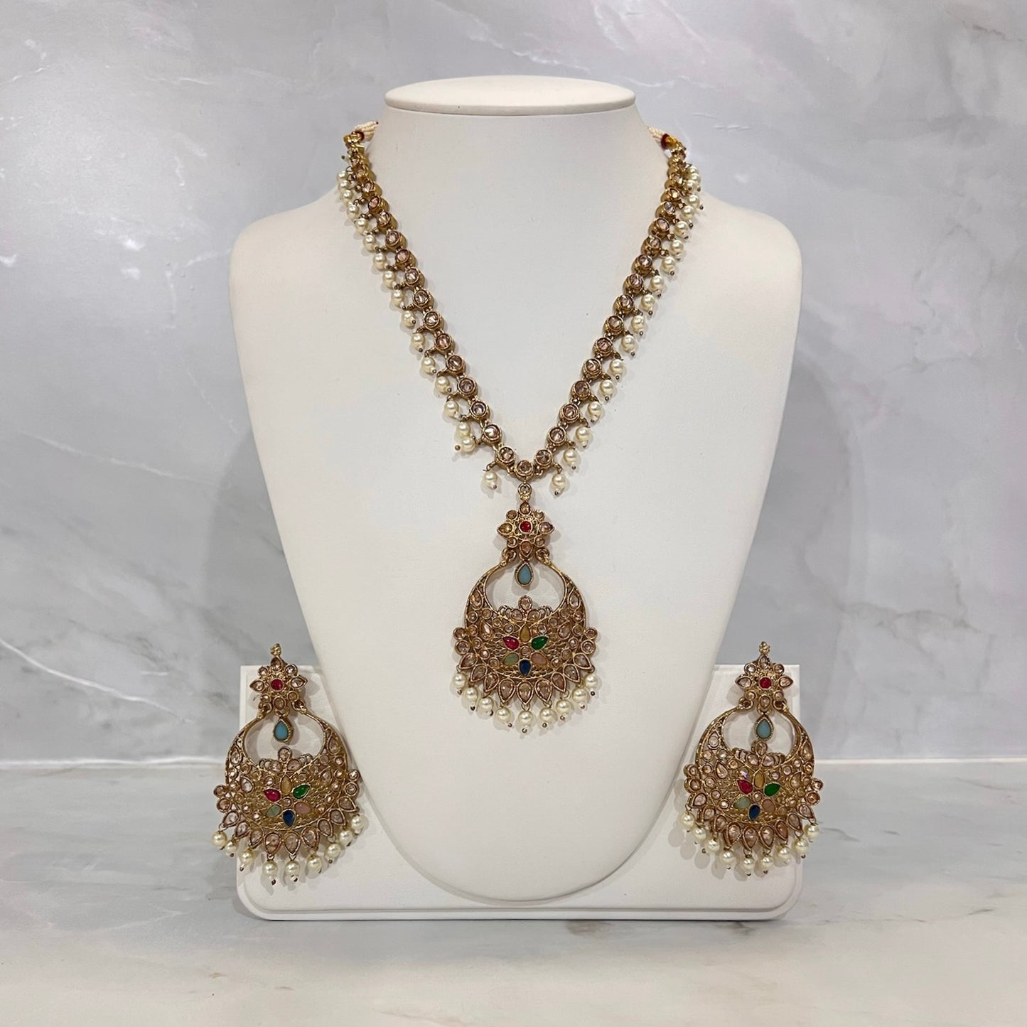 Gold and Multicolour Stone Mala with Pearl Detailing