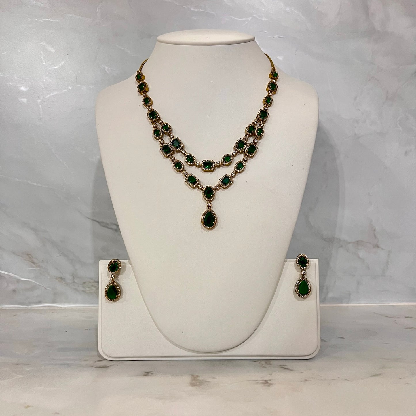 American Diamond Green and Gold Double Layered Set