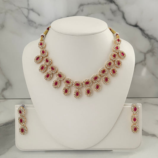 necklace and earring set, red and silver gold, indian desi jewellery