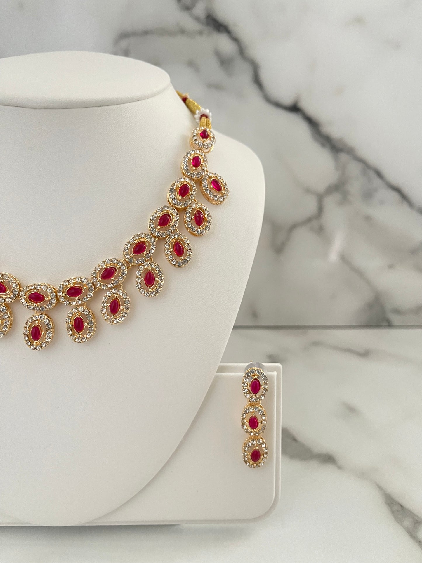 necklace and earring set, red and silver gold, indian desi jewellery