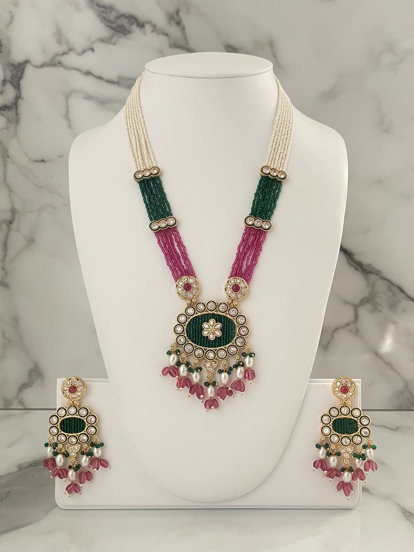 Polki Mala Long Necklace and Earring, Indian Bollywood Desi Jewellery