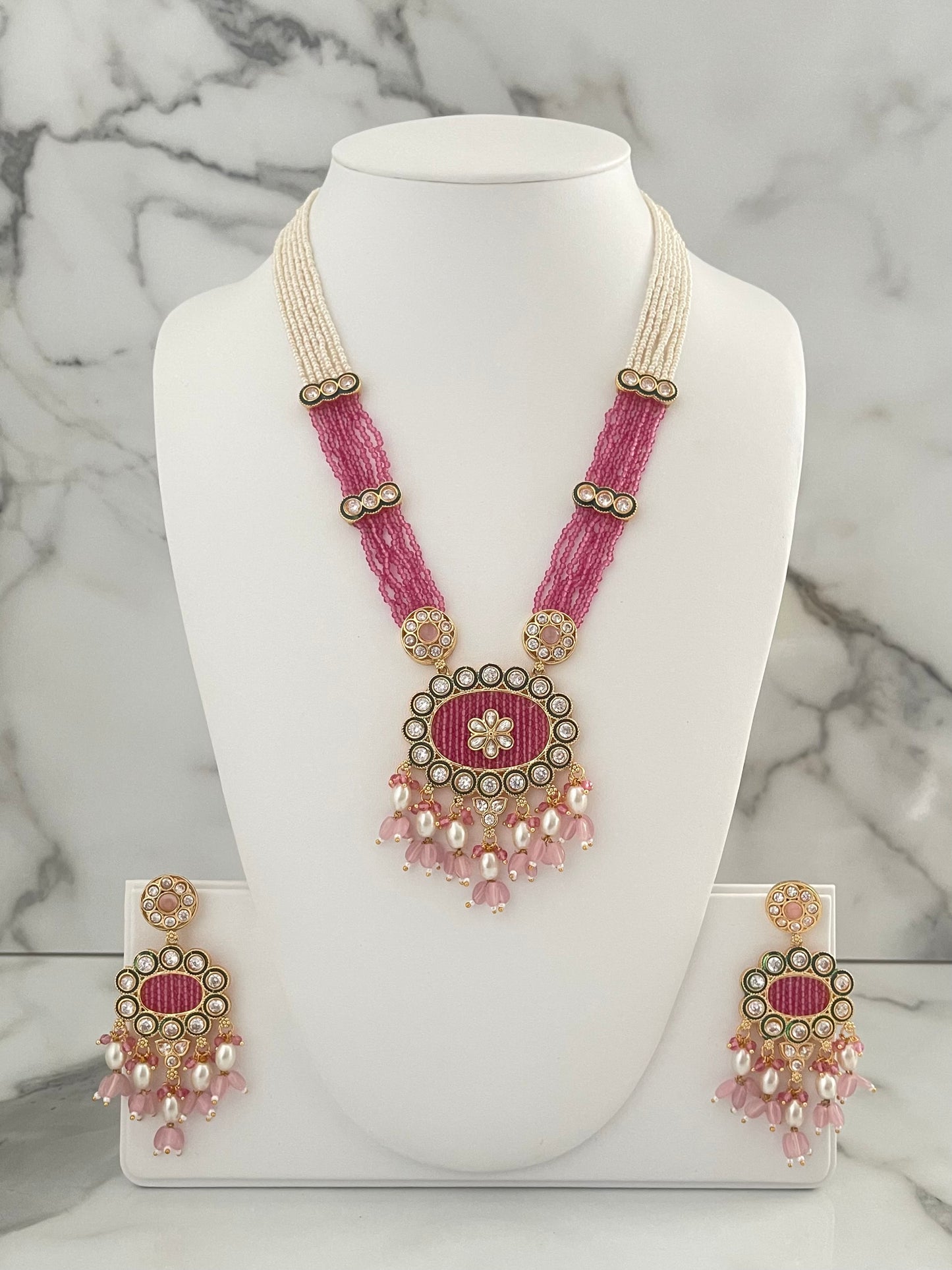 Polki Mala Long Necklace and Earring, Indian Bollywood Desi Jewellery