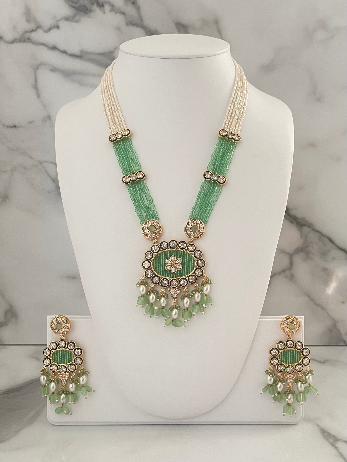 Polki Mala Long Necklace and Earring, Indian Bollywood Desi Jewellery