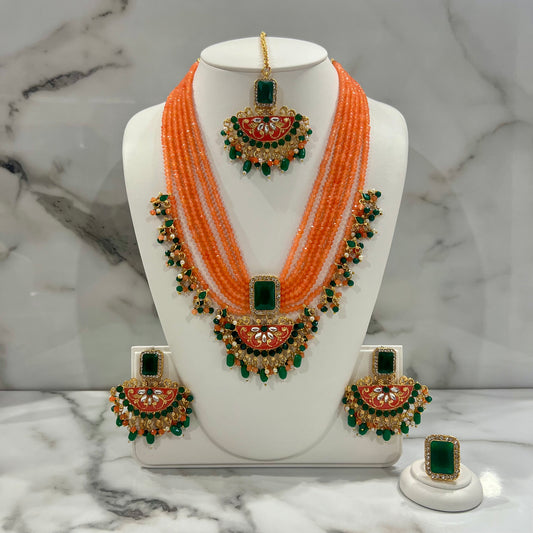 Orange and Green Mala, Tikka, Earring and Ring Set