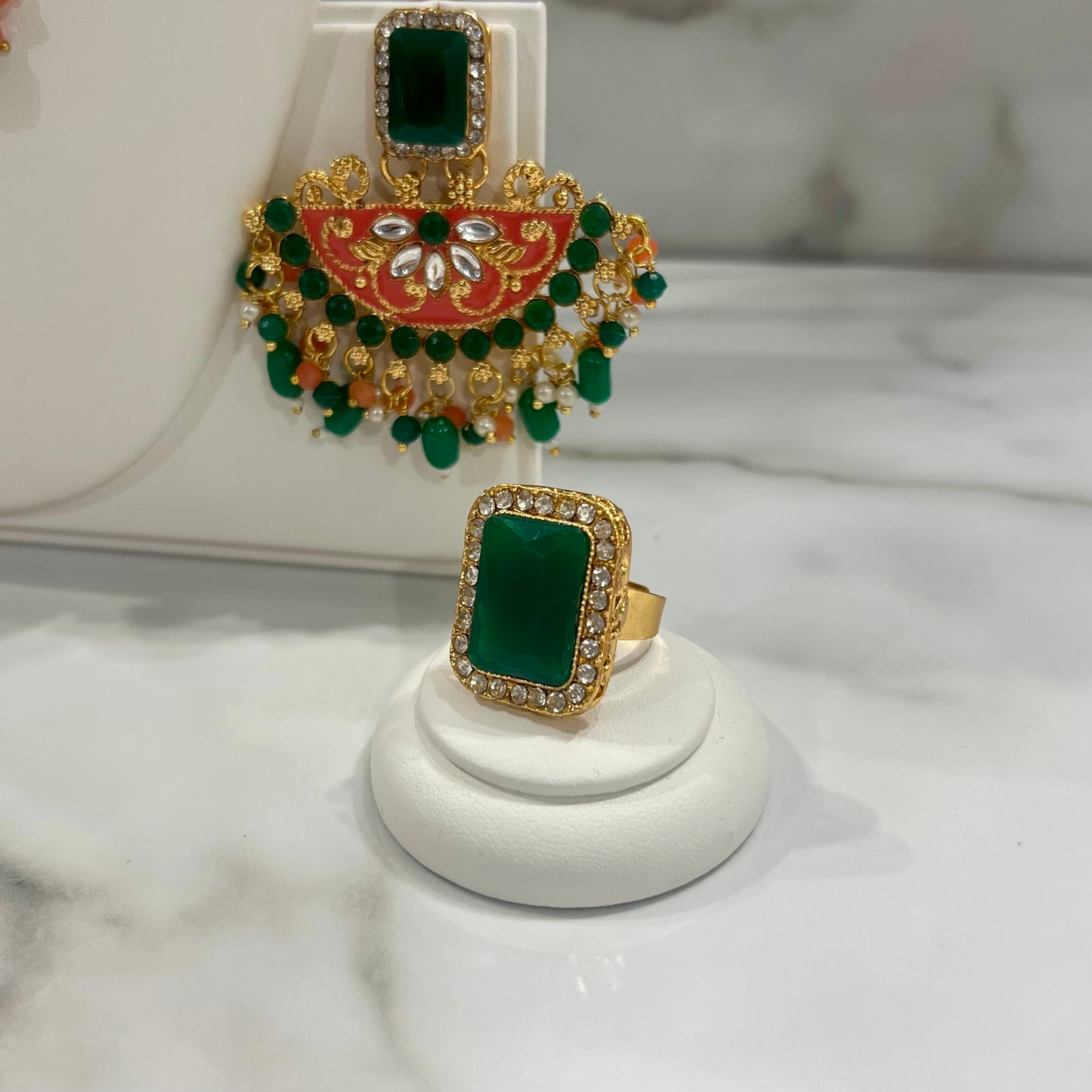 Orange and Green Mala, Tikka, Earring and Ring Set