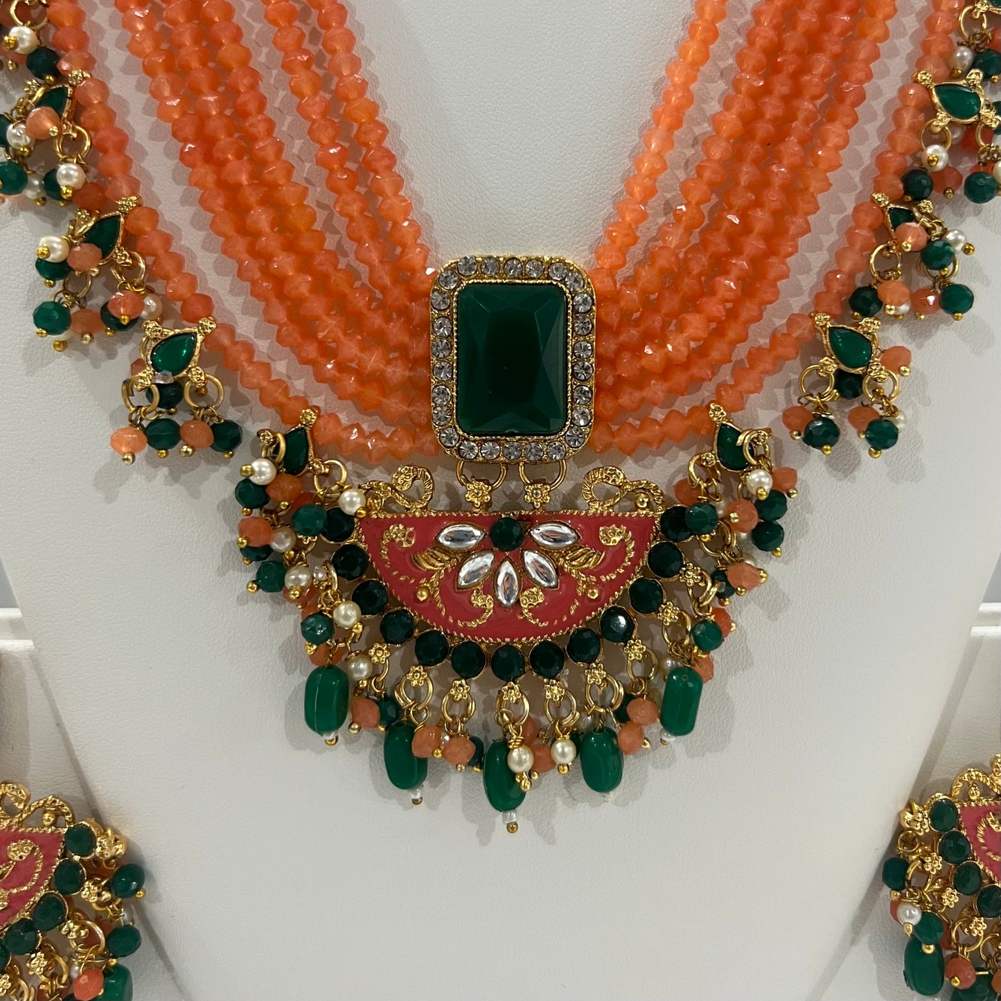 Orange and Green Mala, Tikka, Earring and Ring Set