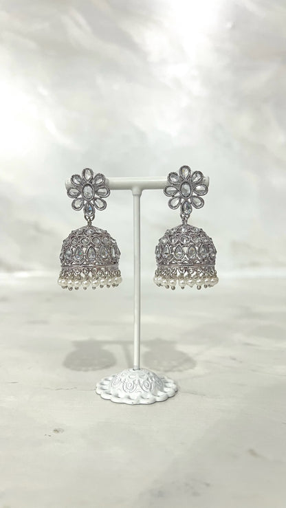 Flower Teardrop Silver Jhumkis