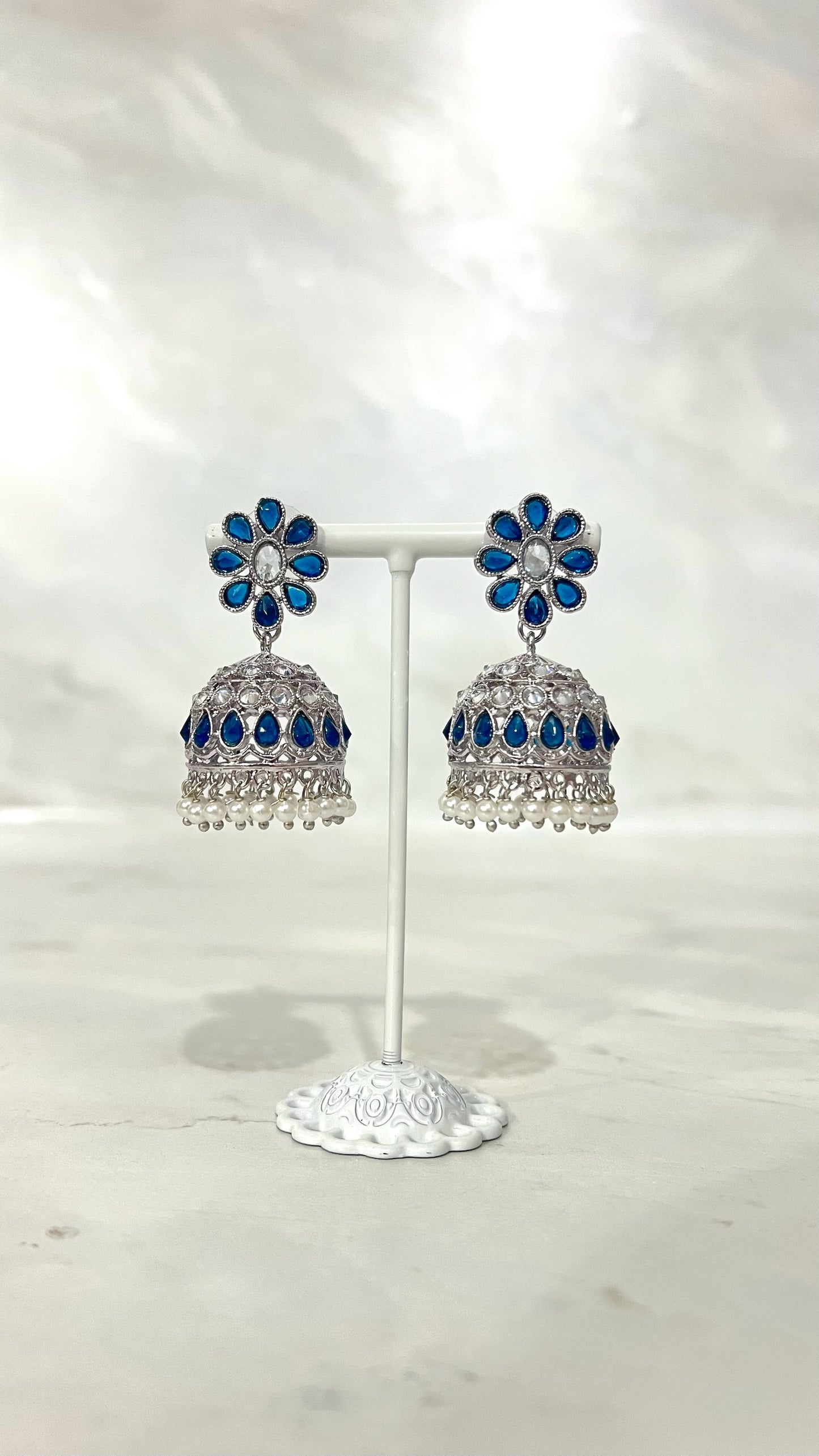 Flower Teardrop Silver Jhumkis