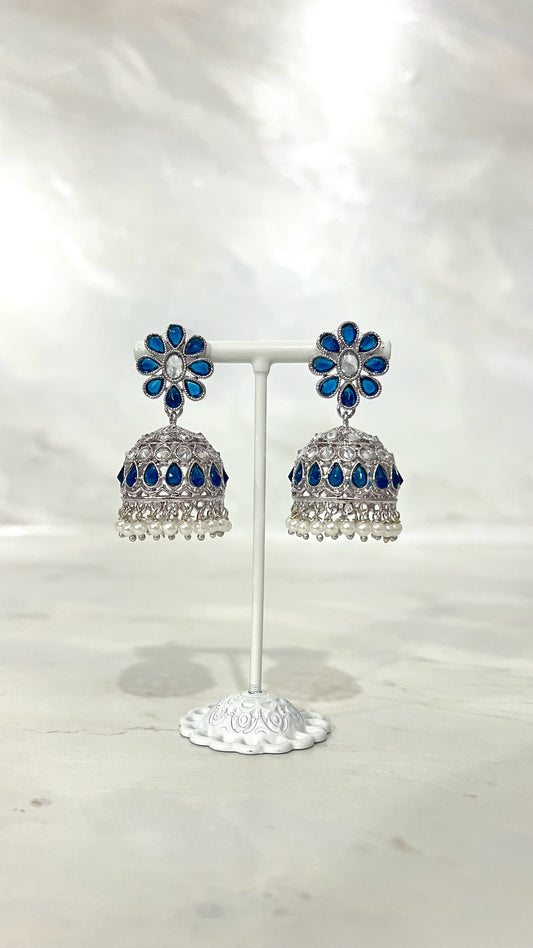 Flower Teardrop Silver Jhumkis