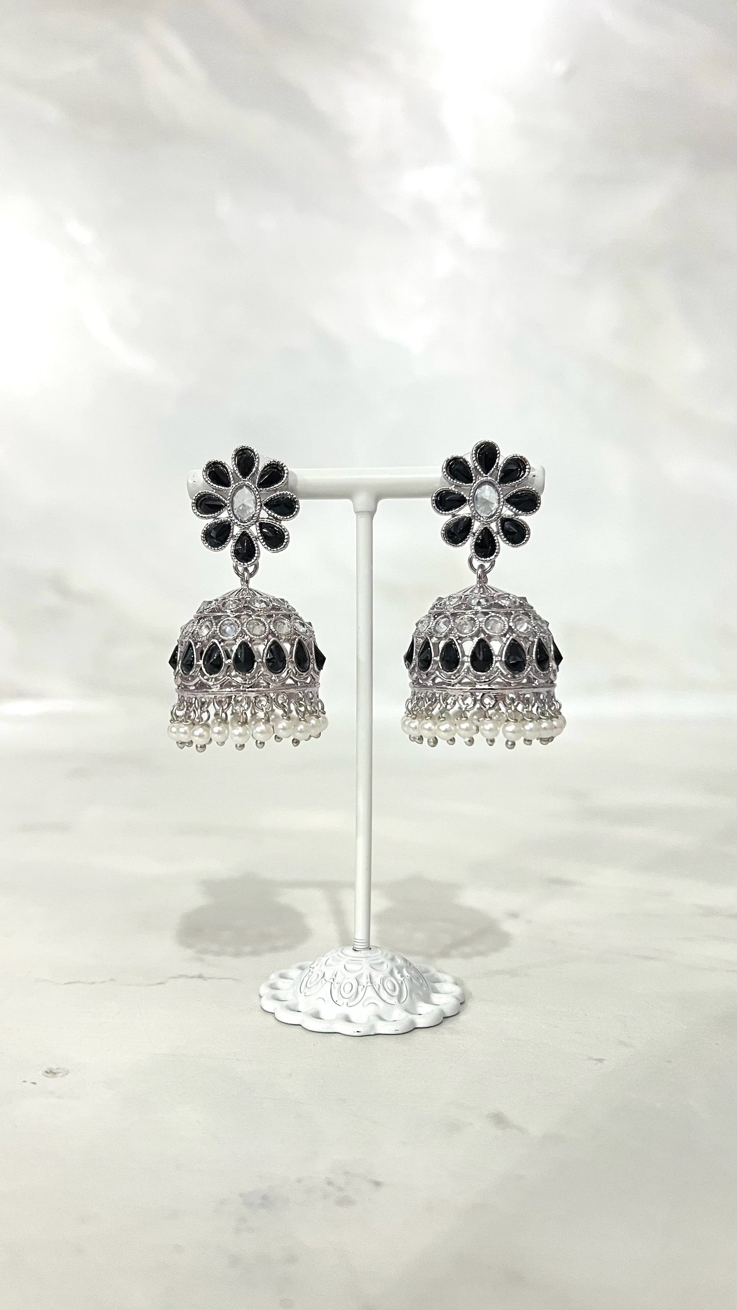 Flower Teardrop Silver Jhumkis