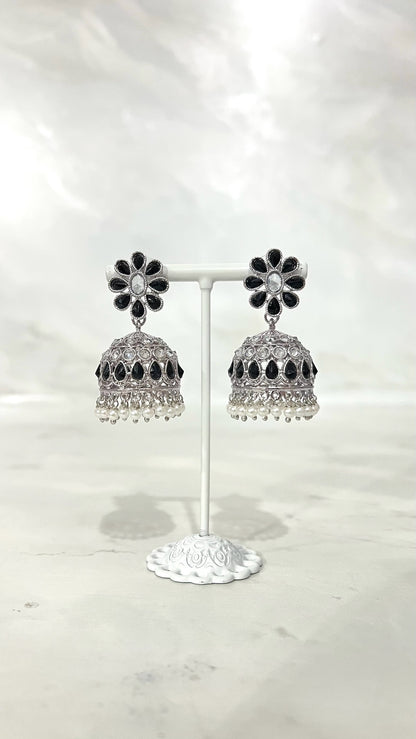 Flower Teardrop Silver Jhumkis