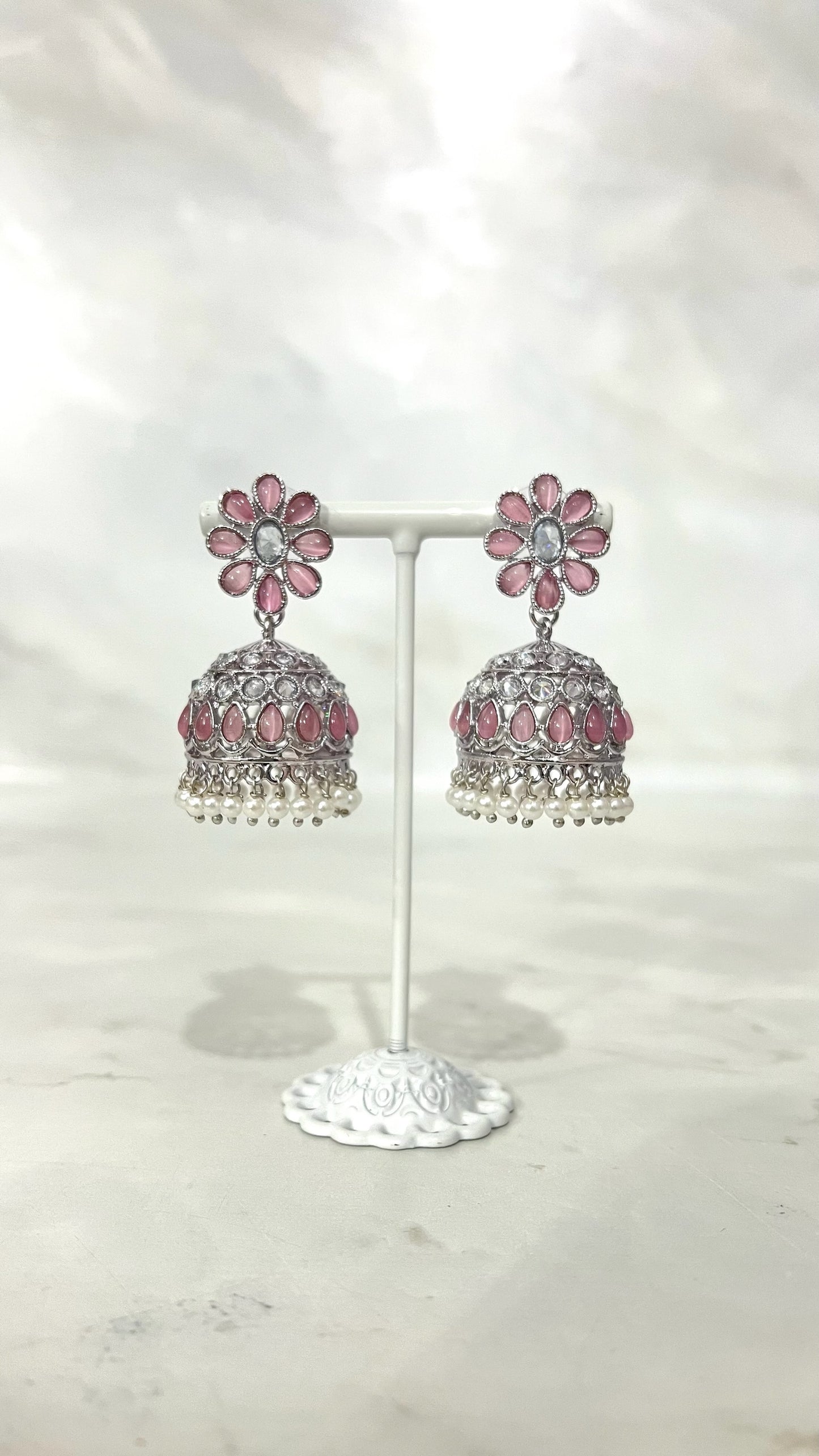 Flower Teardrop Silver Jhumkis