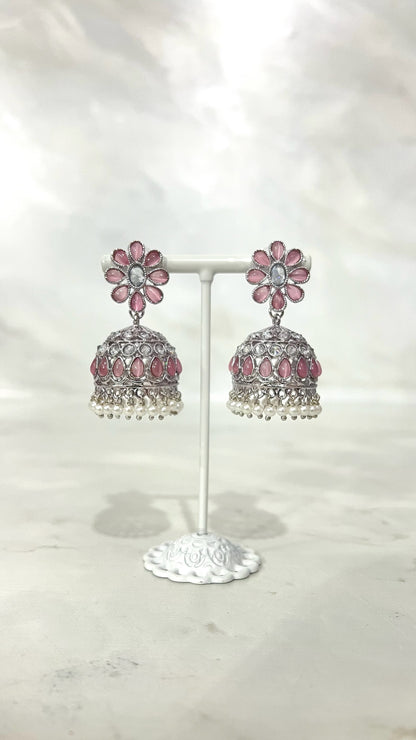 Flower Teardrop Silver Jhumkis