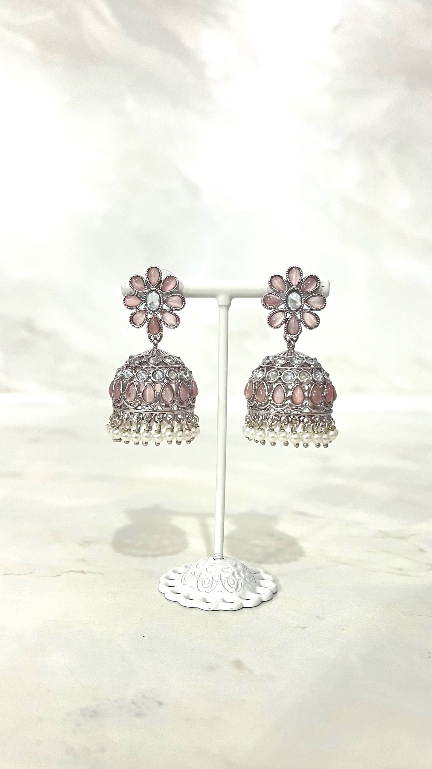 Flower Teardrop Silver Jhumkis