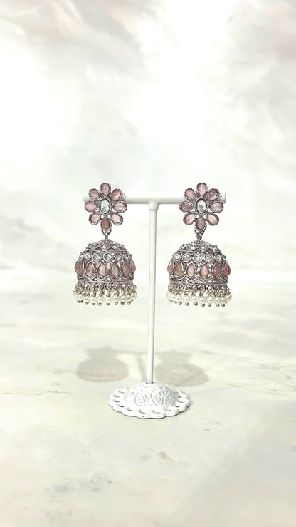 Flower Teardrop Silver Jhumkis