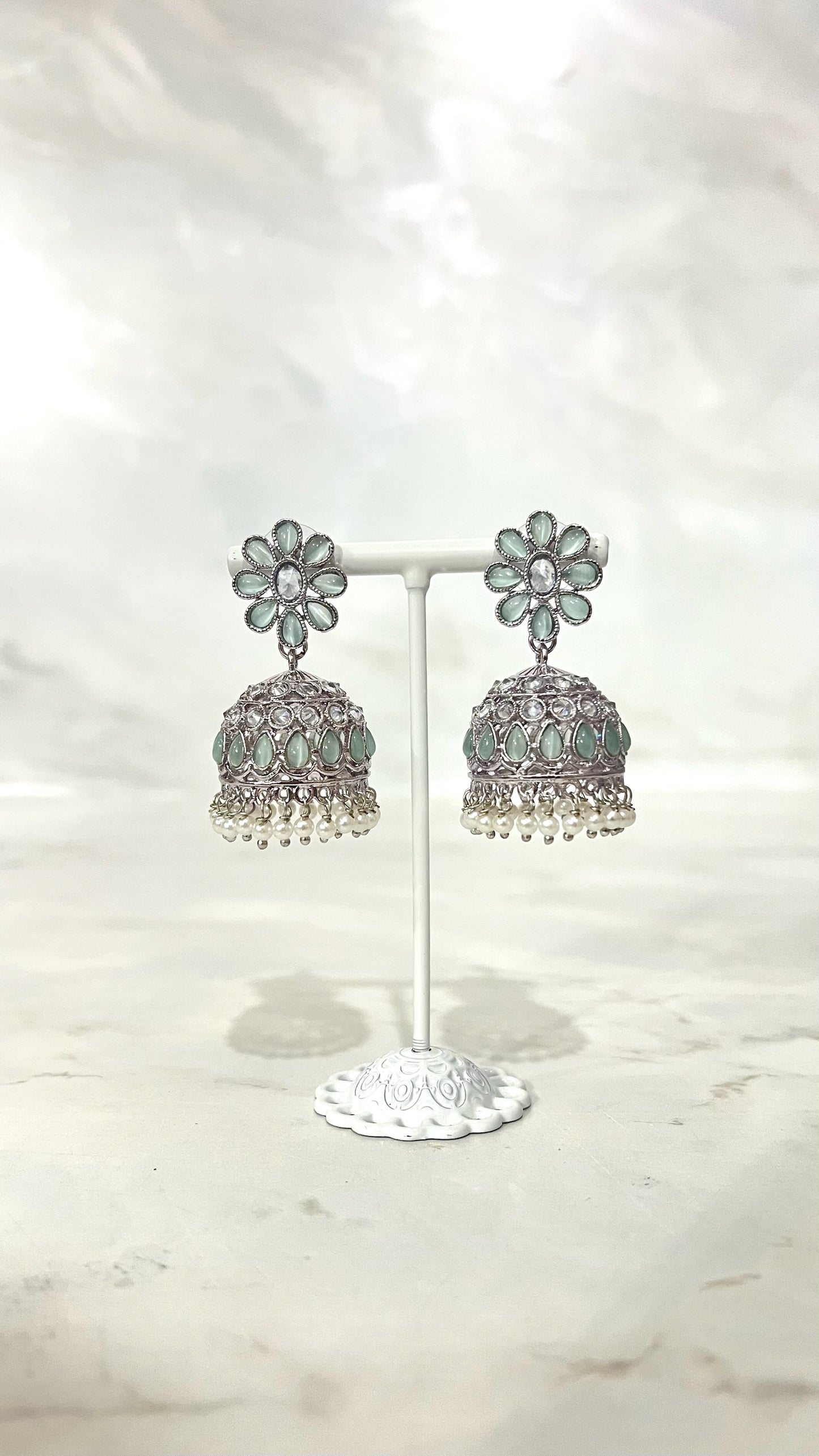 Flower Teardrop Silver Jhumkis