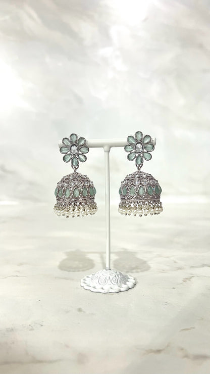 Flower Teardrop Silver Jhumkis