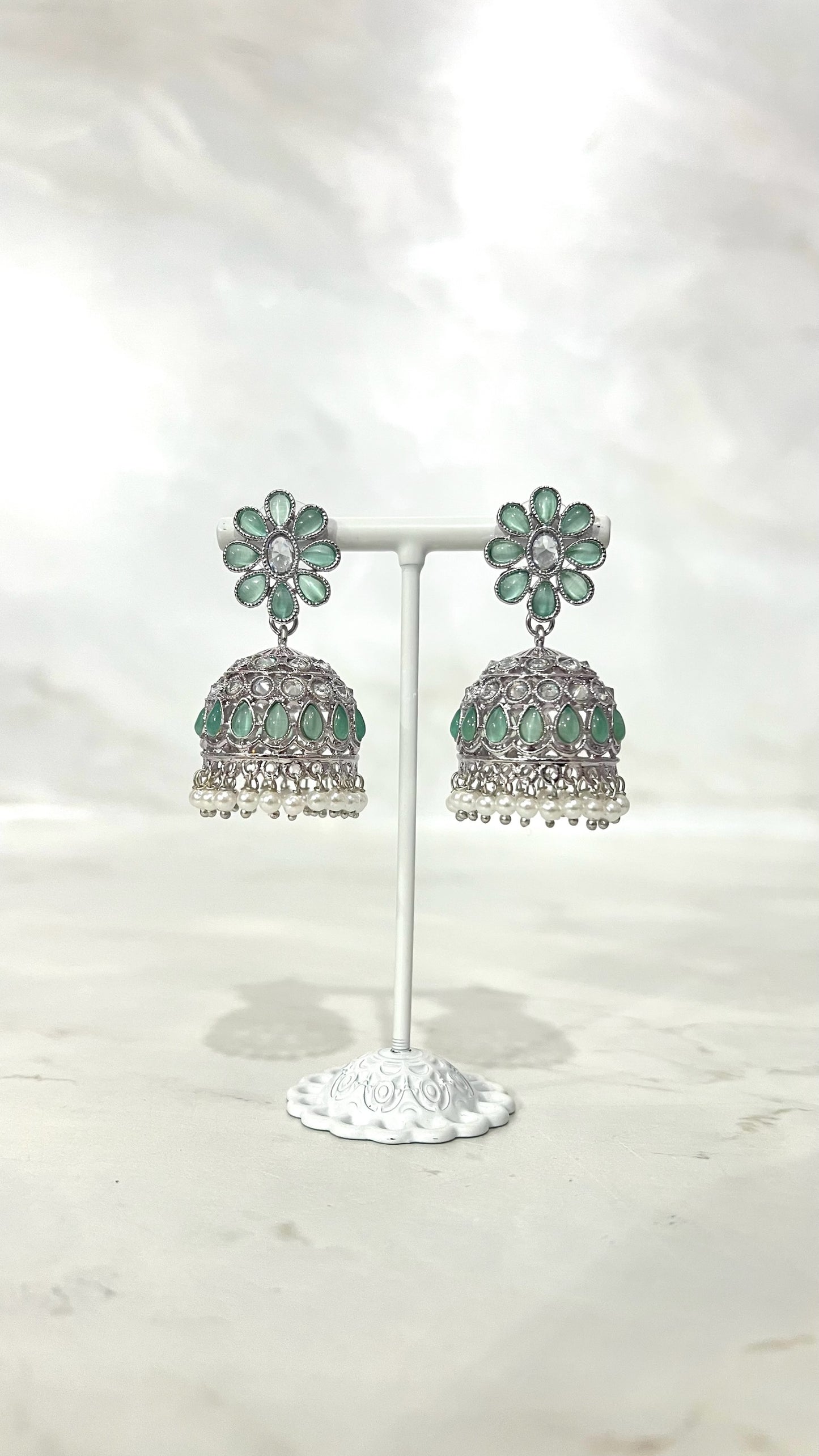 Flower Teardrop Silver Jhumkis
