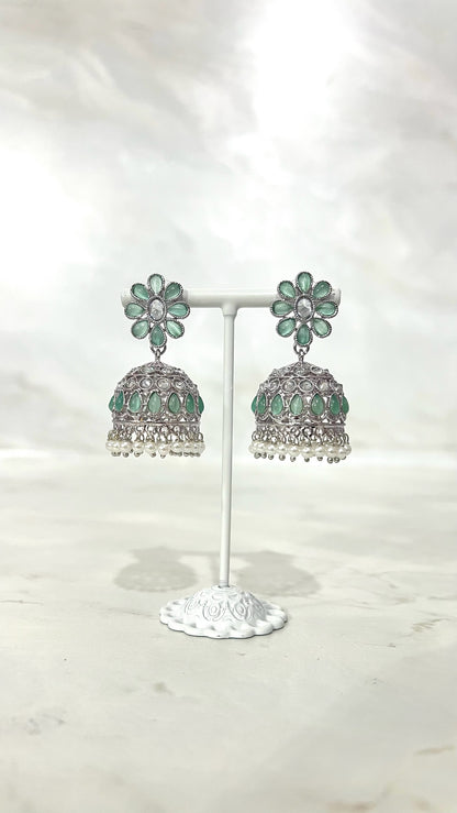 Flower Teardrop Silver Jhumkis