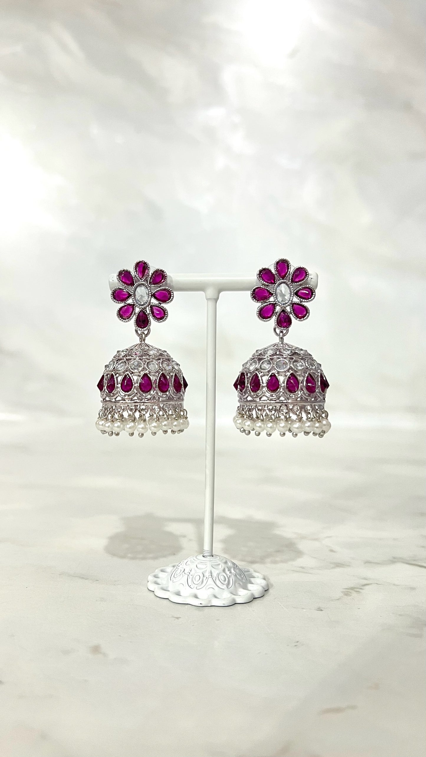 Flower Teardrop Silver Jhumkis