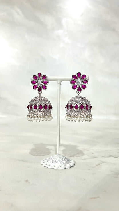 Flower Teardrop Silver Jhumkis