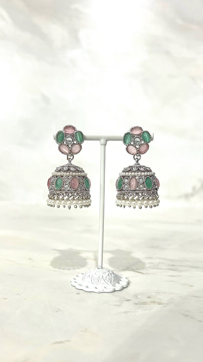 Round Silver Flower Jhumkis