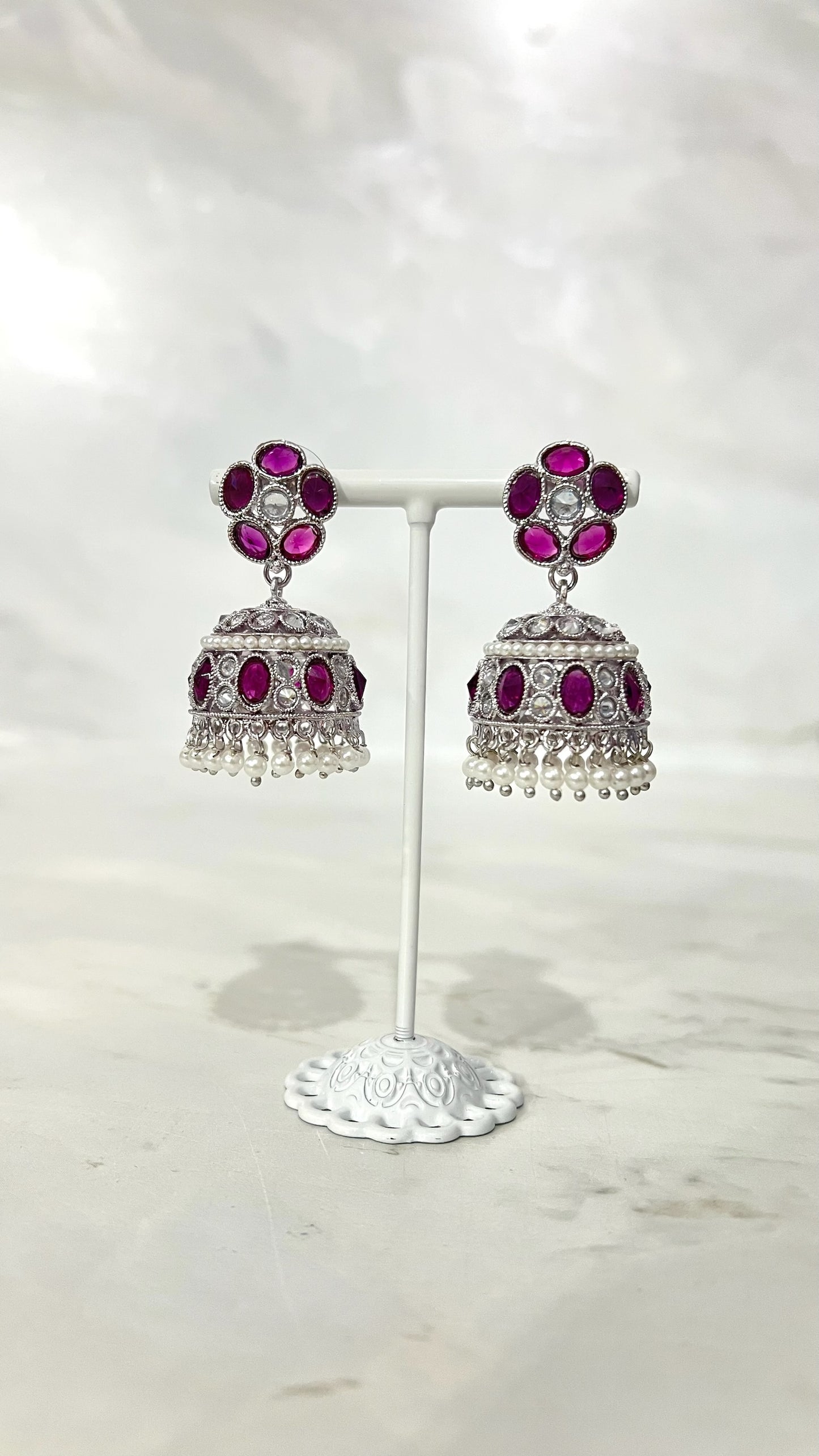 Round Silver Flower Jhumkis