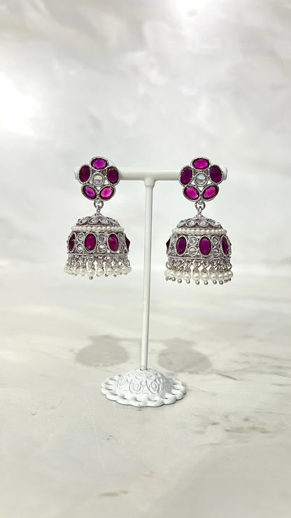 Round Silver Flower Jhumkis