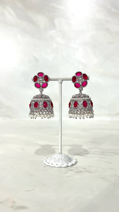 Round Silver Flower Jhumkis