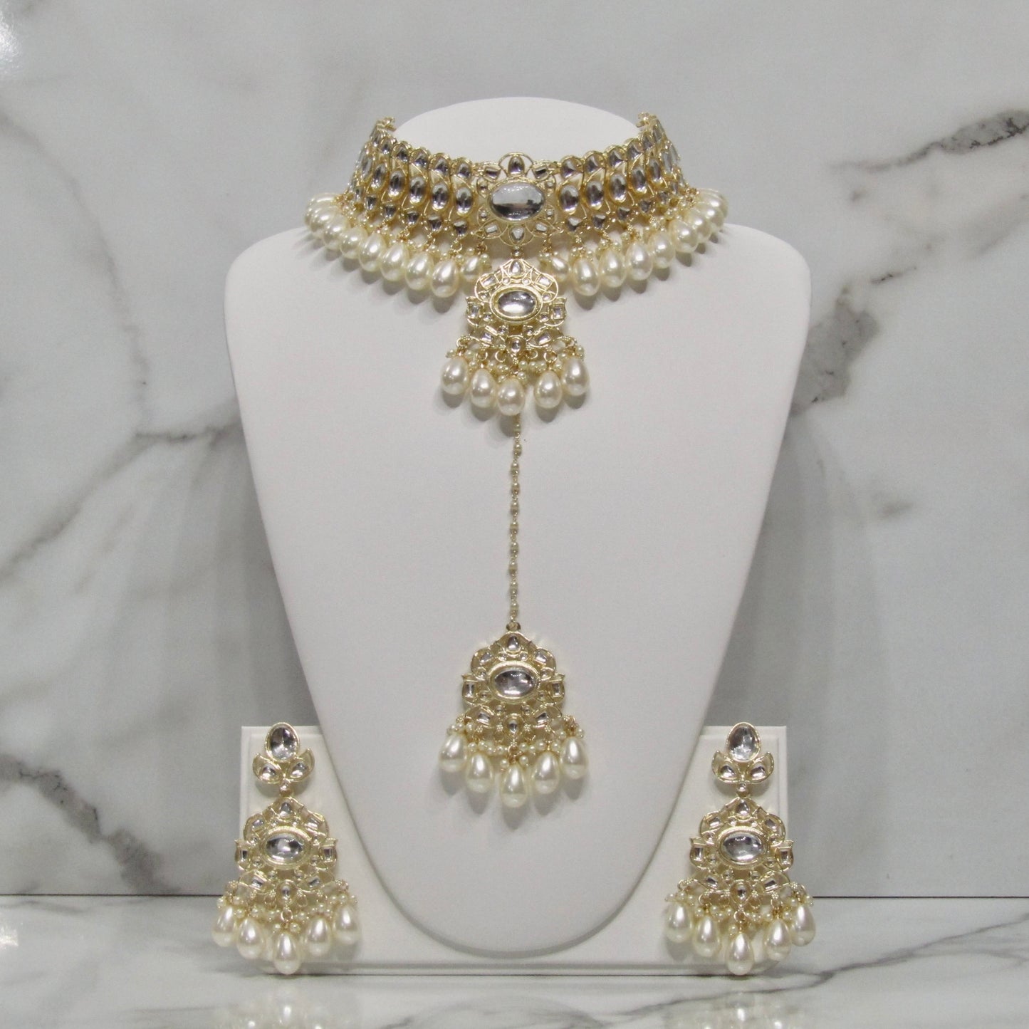 Pearl and Kundan Choker Set with Tikka
