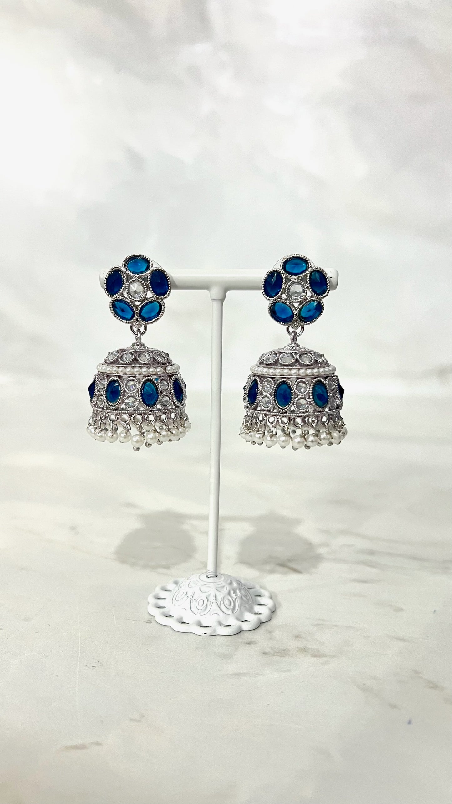 Round Silver Flower Jhumkis