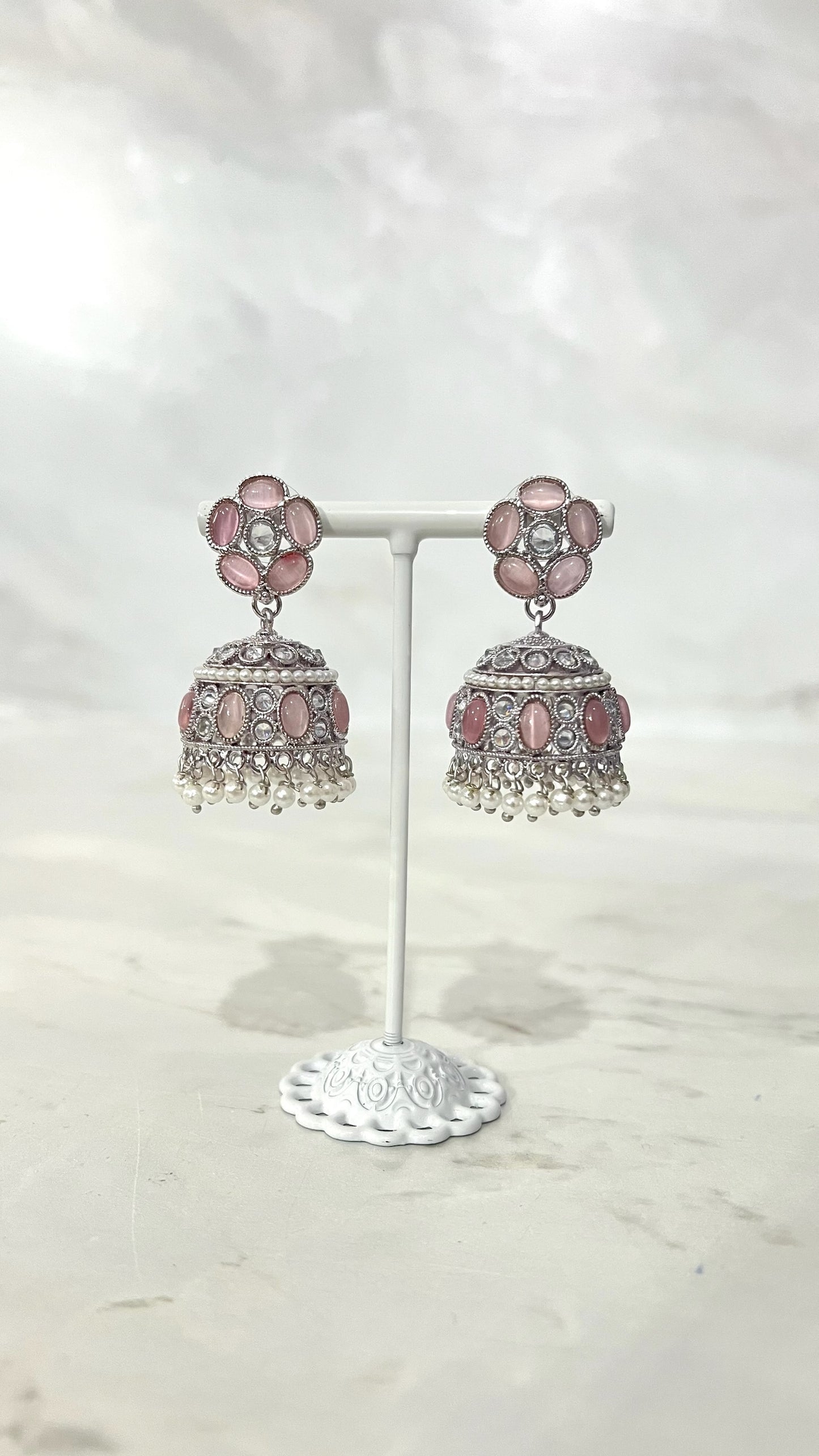 Round Silver Flower Jhumkis
