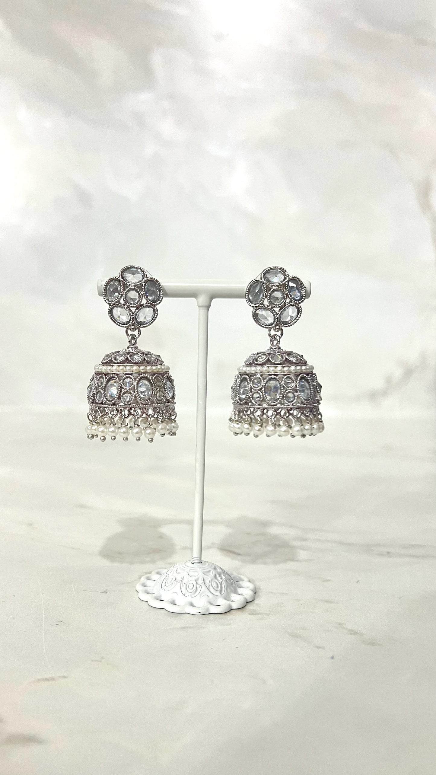 Round Silver Flower Jhumkis