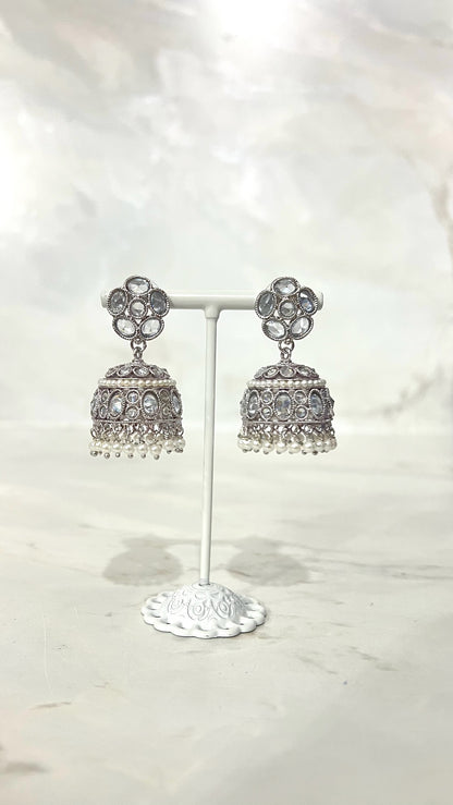 Round Silver Flower Jhumkis