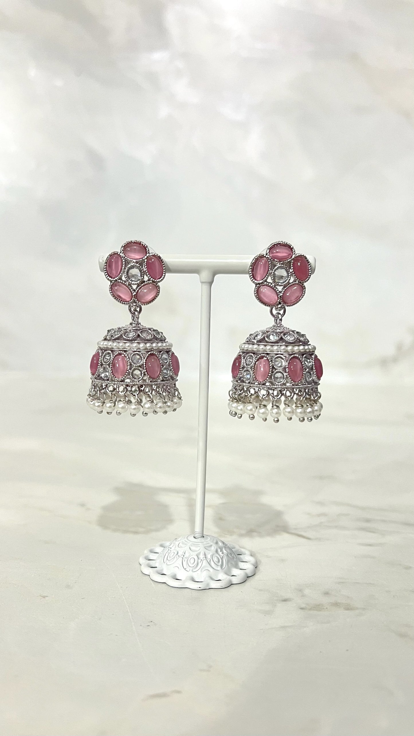 Round Silver Flower Jhumkis