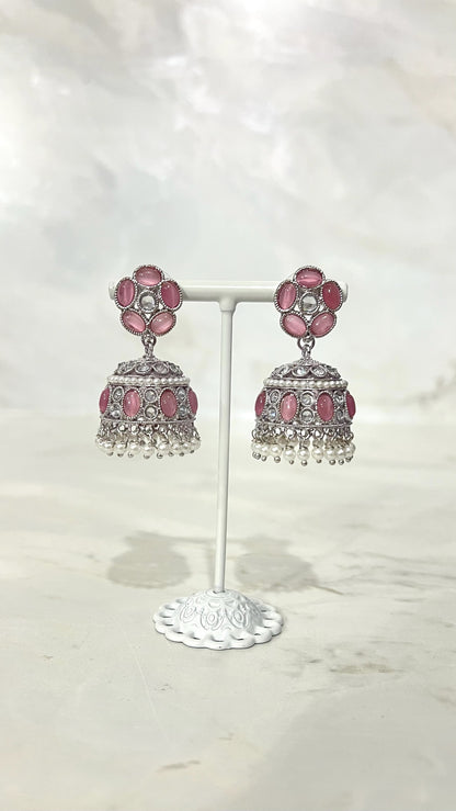 Round Silver Flower Jhumkis