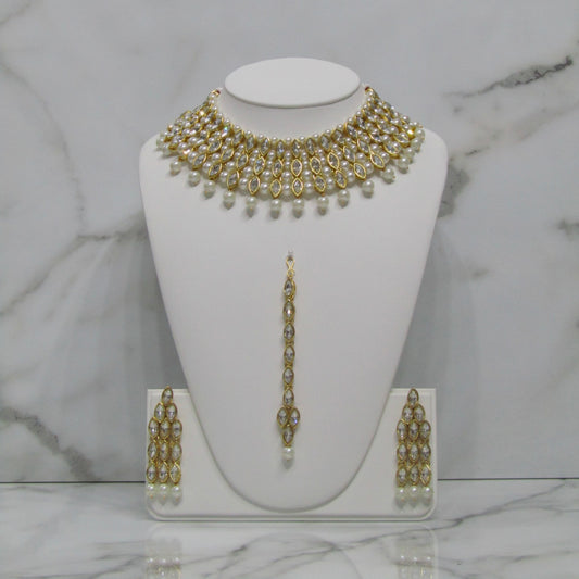 Gold and Pearl Necklace Set with Tikka & Earrings