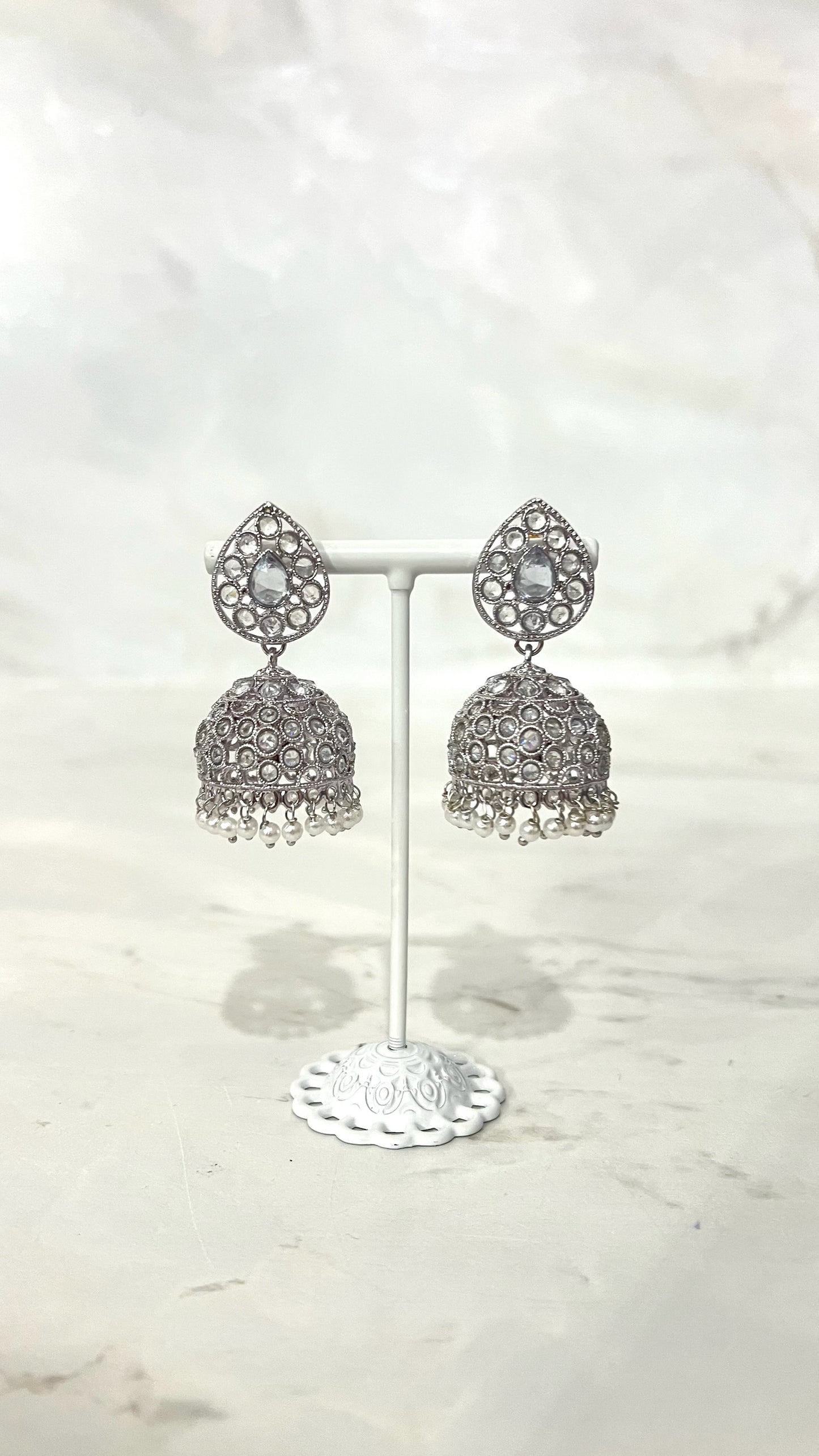 Teardrop Silver Flower Jhumkis