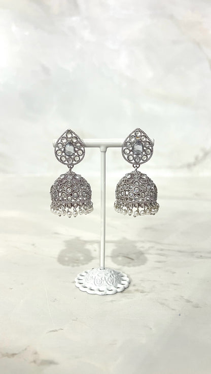 Teardrop Silver Flower Jhumkis