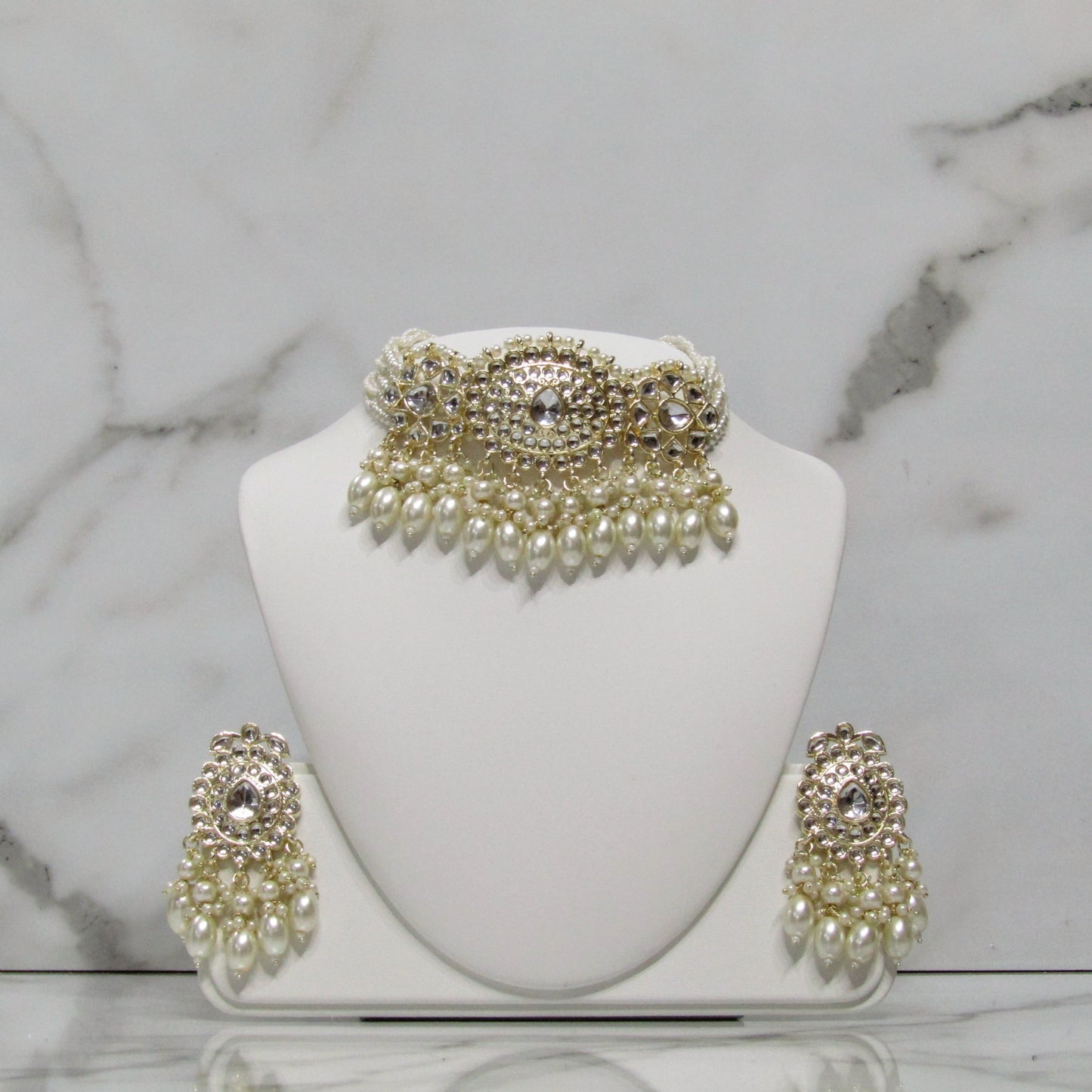Gold and White Pearl Choker Necklace with Earrings