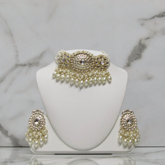Gold and White Pearl Choker Necklace with Earrings