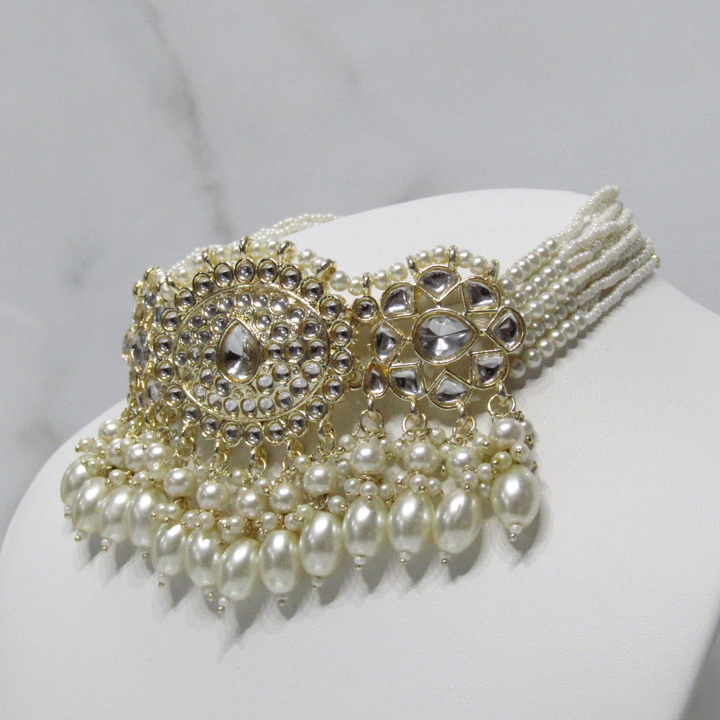 Gold and White Pearl Choker Necklace with Earrings