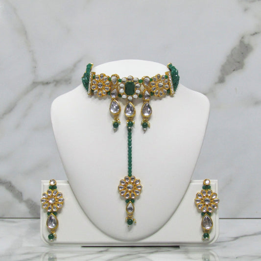 Gold Choker Necklace Set with Earrings and Tikka in Various Colours