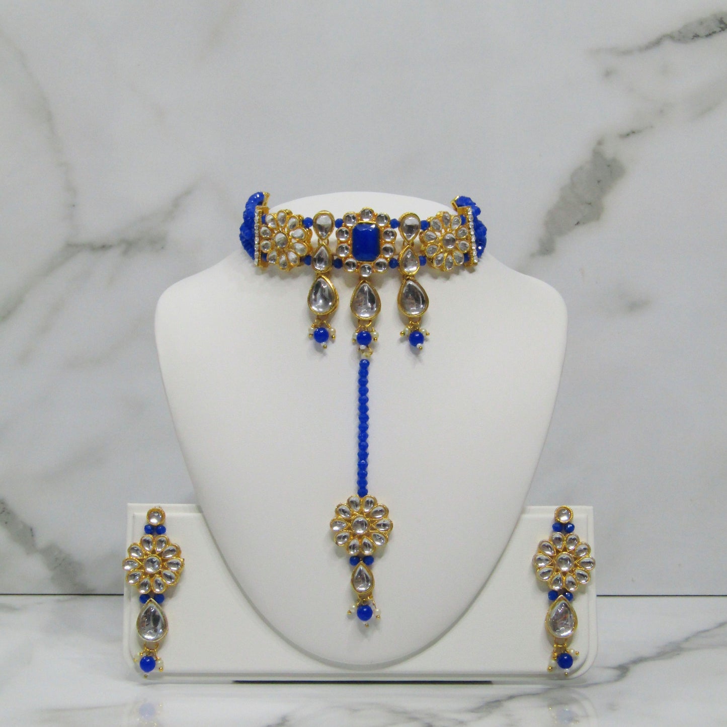 Gold Choker Necklace Set with Earrings and Tikka in Various Colours